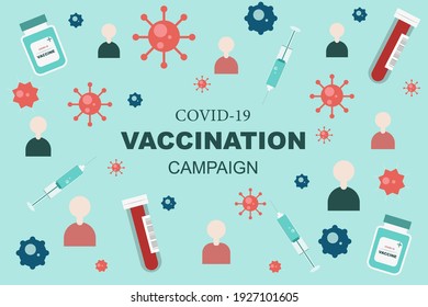 COVID-19 vaccine. Vaccination campaign. People, virus, test tubes. Vector background. Medicine, health.