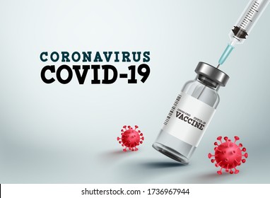 Covid-19 vaccine vector banner. Covid-19 vaccine bottle and injection syringe for coronavirus treatment and medical cure in white background Vector template.
