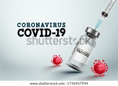Covid-19 vaccine vector banner. Covid-19 vaccine bottle and injection syringe for coronavirus treatment and medical cure in white background Vector template.
