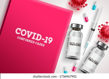 Covid-19 vaccine vector banner. Covid-19 coronavirus vaccination bottle and injection tools for confirmed cases patients. Vector illustration.
