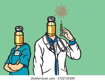 Covid-19 Vaccine vector set. Covid-19 Vaccine Concept, Illustration design. art, line, drawing, cartoon, funny.