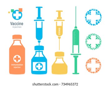 COVID-19 Vaccine vial and syringe, infographic elements. Injection vaccination logo, vector illustration