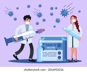 covid19 vaccine vials box with doctors couple lifting syringe vector illustration design