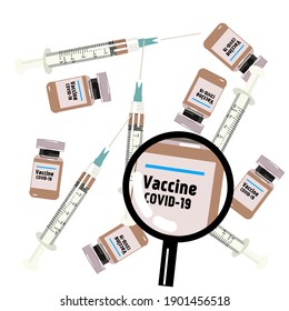 Covid-19 vaccine vials and syringes illustration. Corona virus prevention banner and poster. Vaccine covid-19 reads on a magnifying glass.