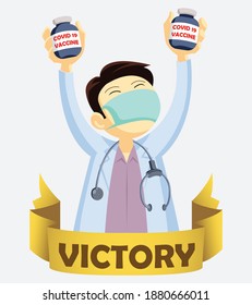 Covid-19 vaccine victory. Doctor winning war against corona virus