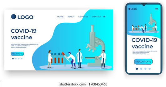 COVID-19 vaccine.Template for the user interface of the website's home page.Landing page template.The adaptive design of the smartphone.vector illustration.