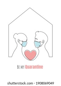 Covid-19 Valentines Day one line drawing. New normal love concept during Covid-19 pandemic. Couple with medical facial masks and heart. Greeting card or poster with text message