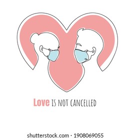 Covid-19 Valentines Day one line drawing. New normal love concept during Covid-19 pandemic. Couple with medical facial masks and heart. Greeting card or poster with text message