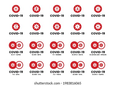 Covid-19 variant names from Greek alphabet. Coronavirus strains. New types of Covid-19 viruses. Key variants of SARS-CoV-2. Alpha, Beta, Gamma, Delta, Epsilon, Zeta, Eta, Theta, Iota, Kappa. Vector.