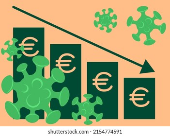 COVID-19 vector chart. Euro Currency fall. Economic crisis and quarantine. Illustration of a global economy collapse and virus bacteria. Coronavirus money and financial savings loss.