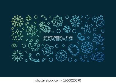 COVID-19-Vektorillustration-Konzept: bunter linearer horizontaler Banner oder Illustration auf dunklem Hintergrund