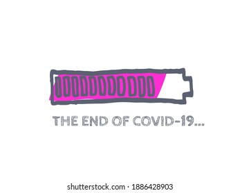 Cargador con mano de vectores COVID-19. El estado de la barra de progreso del fin del coronavirus.  Ilustración de cuarentena. Elemento infográfico con indicador completo del 90%. Barra de esbozo del sitio web con parte de relleno ajustable.