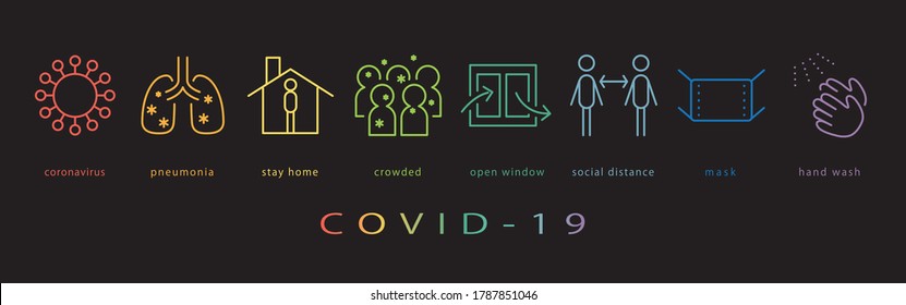 COVID-19 vector icon set. neon color on black background.