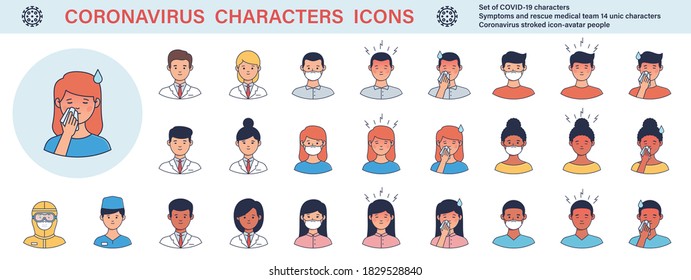 COVID-19 vector icons set illustrations of characters. Coronavirus symptoms and rescue medical team