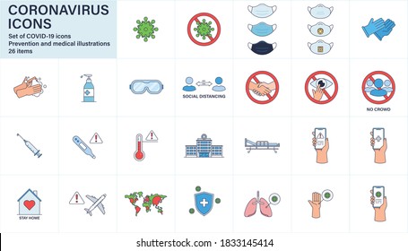 COVID-19 vector icons set illustrations. Prevention and medical items