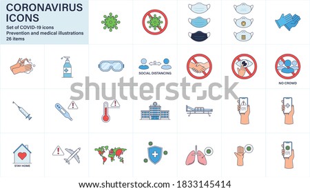 COVID-19 vector icons set illustrations. Prevention and medical items