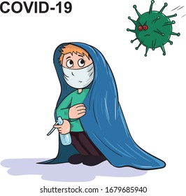 Covid-19, vector illustration, the guy is hiding from the virus under the covers