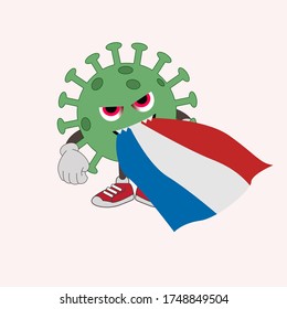 COVID-19, vector illustration strain and Dutch flag. World coronavirus pandemic in 2020. Coronavirus concept in the Netherlands