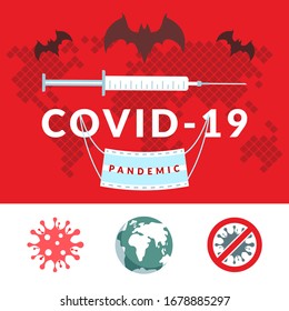 Covid-19. Vector infographics illustration of global news about coronavirus pandemic with antiviral mask, bats, syringe and map of infected area