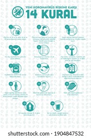 COVID-19 vector pandemic prevention infographic, icons and texts, health and medicine concept and Turkish 14 rules