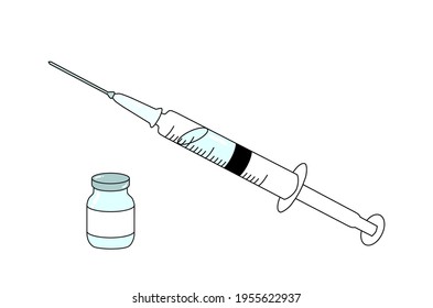 COVID-19 Vektor-Impfstoffflasche und Einmalspritze-Injektionswerkzeug aus Kunststoff für die Covid19-Immunisierung. Vektorgrafik. Medizinische Spritze einzeln auf weißer Immunisierung