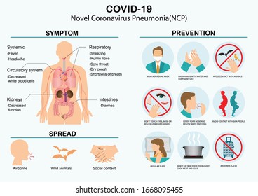 Covid-19 Virus 2019-nCoV disease prevention infographic with icons and text. Novel Coronavirus 2019.Pneumonia disease. CoVID-19 Virus outbreak spread. healthcare and medicine concept vector illustrati