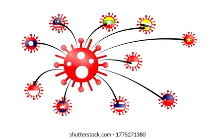The COVID-19 virus (2019-nCoV) spread to ASEAN infographic with Asian country flags symbol. The outbreak of the novel coronavirus in the Southeast Asia a global health emergency. Vector Illustration.