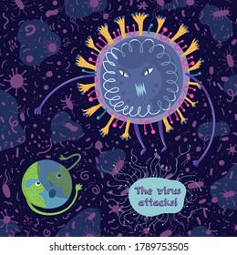 Covid-19 virus attack vector illustration. Metaphoric scene with a virus attack on the planet earth and its inhabitants people. Cartoon characters.