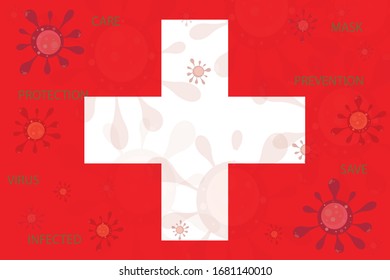 COVID-19 virus cell spread in the air on Switzerland flag. Corona virus outbreak influenza background. Pandemic medical health risk concept. illustration