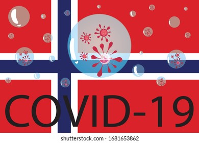 COVID-19 virus cell spread in the air on Norway flag. Corona virus outbreak influenza background. Pandemic medical health risk concept. illustration