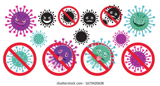 Covid-19 Virus Character Icons and No Symbols Set, Coronavirus Disease, bacteria, germ, pathogen