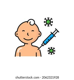 Covid-19 virus children vaccination, shot in human child shoulder isolated color line icon. Vector antiviral injection to young person at hospital. Vaccinating baby, syringe with coronavirus vaccine
