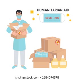 Covid-19 Virus. China Coronavirus Epidemic. Humanitarian Support: Masks, Sanitizer Gel, Toilet Paper. Goodwill Mission In Suffering From Coronavirus Epidemic. Doctor With Box In Hand.