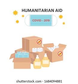 Covid-19 virus. China Coronavirus Epidemic. Humanitarian Support: masks, sanitizer gel, toilet paper. Goodwill Mission in Suffering from Coronavirus Epidemic. 