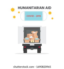 Covid-19 virus. China Coronavirus Epidemic. Humanitarian Support: masks, sanitizer gel, toilet paper. Goodwill Mission in Suffering from Coronavirus Epidemic. Doctor with box in hand.