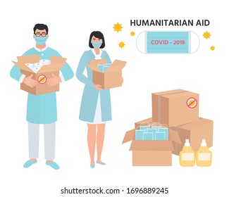 Covid-19 Virus. China Coronavirus Epidemic. Humanitarian Support: Masks, Sanitizer Gel, Toilet Paper. Goodwill Mission In Suffering From Coronavirus Epidemic. Doctor With Box In Hand.