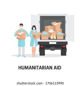 Covid-19 Virus. China Coronavirus Epidemic. Humanitarian Support: Masks, Sanitizer Gel, Toilet Paper. Goodwill Mission In Suffering From Coronavirus Epidemic. Doctor With Box In Hand.