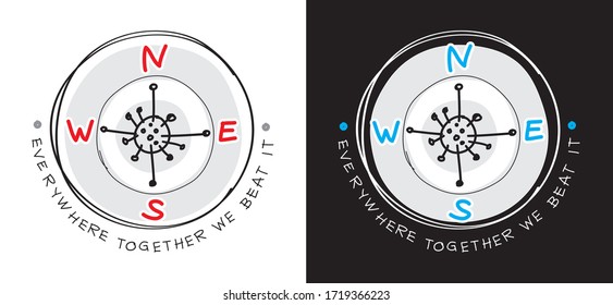 Covid-19 virus in compass concept. With Everywhere together we beat it text in hand writing. Cartoon Style. Vector illustration.