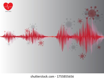 fondo del concepto de virus covid-19, frecuencia de onda sonora y corazón, espacio vacío para el logotipo y el contenido, infección por virus de la corona, neumonía, atención médica y métodos de prevención, ilustración vectorial
