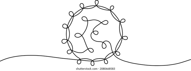 COVID-19 virus continuous line art, Coronavirus vector one line drawing, Corona virus inscription silhouette, Virus symbol illustration