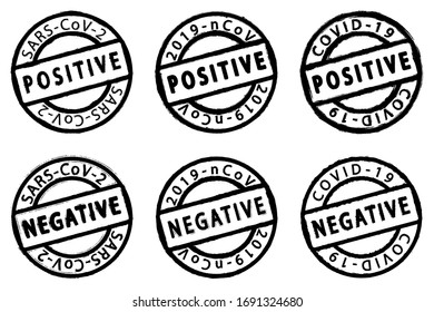 Covid19 virus health test pass circle grunge stamp set. 2019 nCov positive and negative round distress mark set. Sars cov-2 world pandemy creative design template collection. EPS10 vector illustration