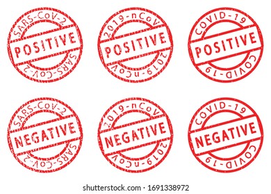 Covid19 virus health test pass circle grunge stamp. 2019 nCov positive and negative round distressed ink mark. Sars cov-2 world pandemy creative design template. EPS10 vector.