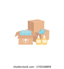 Covid-19 virus. Humanitarian Support: masks, sanitizer gel, disposable medical gloves. Donations for doctors, hospitals. Vector illustration for banner, web page, flayer, advertising, presentation
