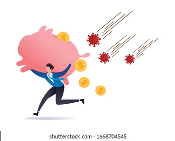 COVID-19 virus impact stock market panic sell, risk off or investor sell in financial crisis, investor run away from COVID-19 Coronavirus pathogen with huge piggy bank on shoulder, dollar money fall.