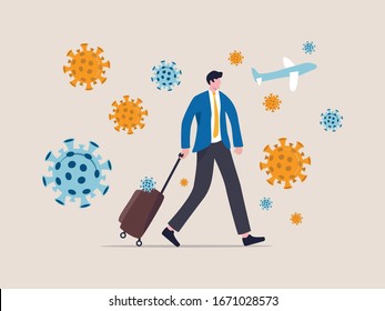 COVID-19 Virus Impact Travel And Tourist, Novel Coronavirus Pandemic Outbreak Spread By Traveller Concept, Businessman Traveler With Luggage Walking In Airport Surround By COVID-19 Virus Pathogens.