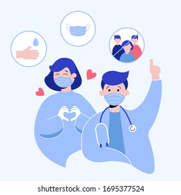 COVID-19. Virus infections prevention methods infographics. Infographic, Logo, symbol & how to prevent.  Hygiene promotion with wearing a face mask, sanitizing with alcohol and wearing a face mask.