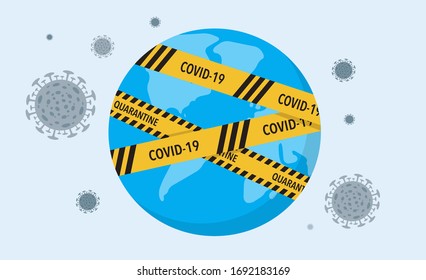 COVID-19 virus lockdown barrier tape over a world. Coronavirus pandemic, vector concept illustration stock illustration