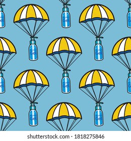 COVID-19 virus lovers and delivery concept, Antiviral vaccine. Medical bottles. COVID 19. SARS CoV 2.Vector background with vaccine bottles, medical mask, medical packaging and retro style.