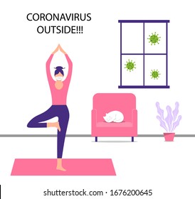 COVID-19 virus outbreak. People are quarantined at home to prevent the spread of viral infection. A masked woman practices yoga at home. Coronavirus outside. Keep calm during quarantine. Cartoon style