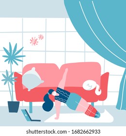 COVID-19 virus outbreak. People are quarantined at home to prevent spread of infection. Masked woman practices yoga at home. Coronavirus outside. Keep calm during quarantine. Flat vector illustration.